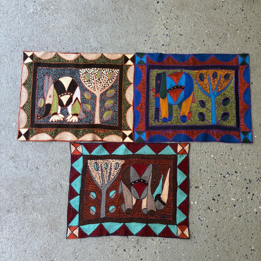 Kaross South Africa Hand Embroidered Shangaan Cloths Set of 3 Elephant Rhino Art